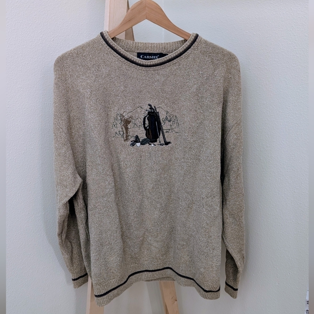 Vintage Embroidered Golfer Design Textured Crewneck Sweater In Tan